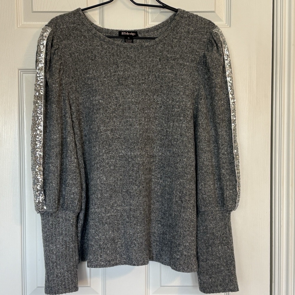 BYdesign Gray Ribbed Silver Sequin Long Balloon Sleeve  Sweater  Sz XL